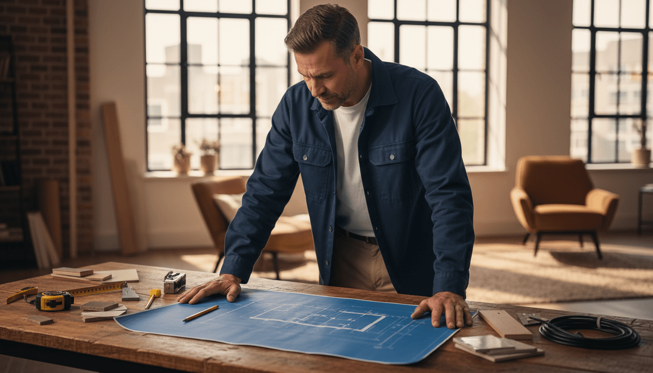 Renovation contractor reviewing detailed project plans at a workbench in Amsterdam