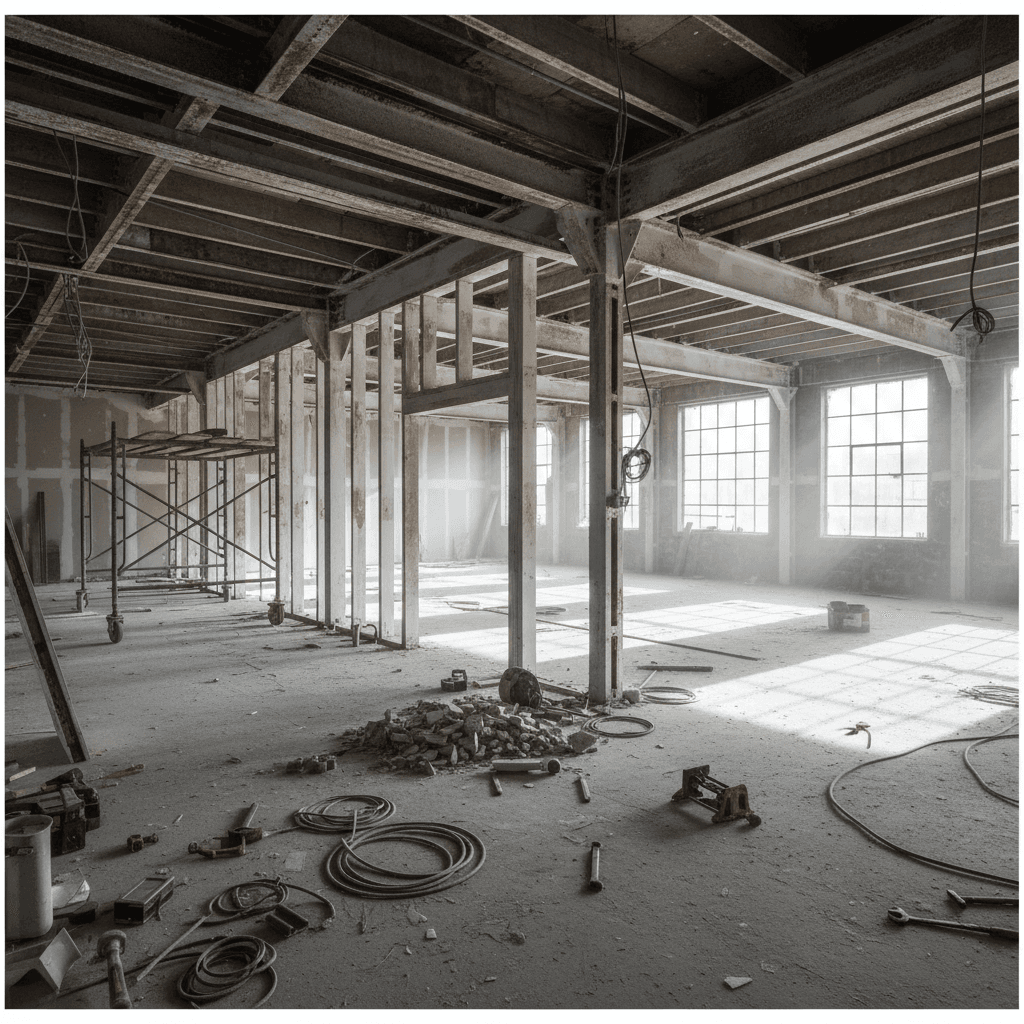 Interior renovation showing structural changes and new wall configuration