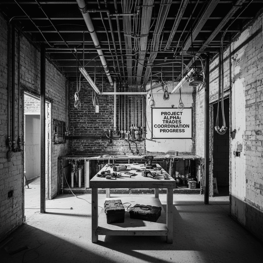 Kitchen renovation in progress showing structural and mechanical work