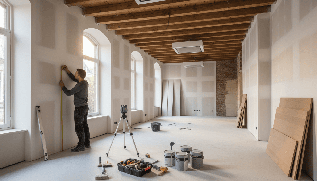 Professional renovation in progress showing skilled tradesperson working on interior walls in Amsterdam