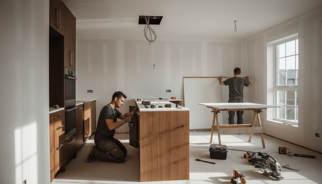 Skilled contractor installing cabinetry during a kitchen renovation project in Amsterdam