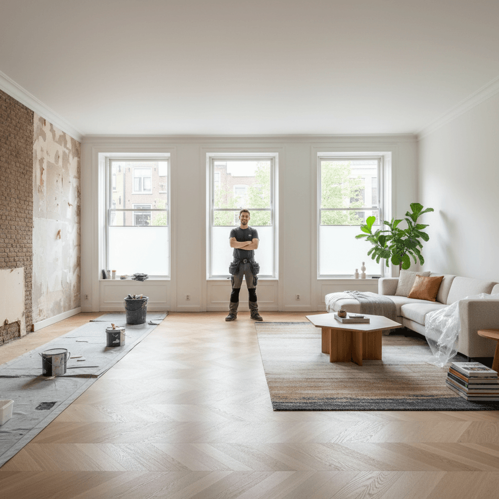 Living room renovation with new flooring and reconfigured layout