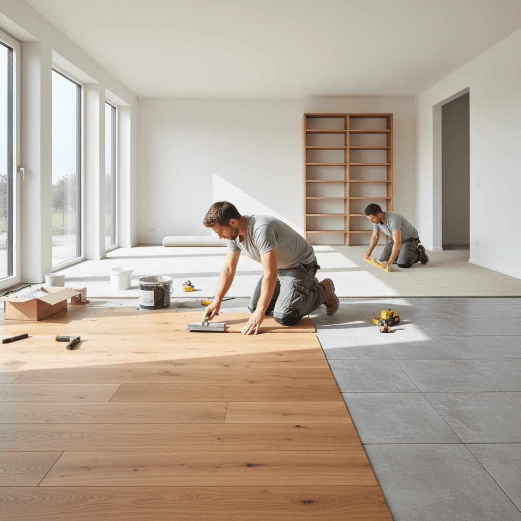 Professional flooring installation showing worker applying new tiles in residential space