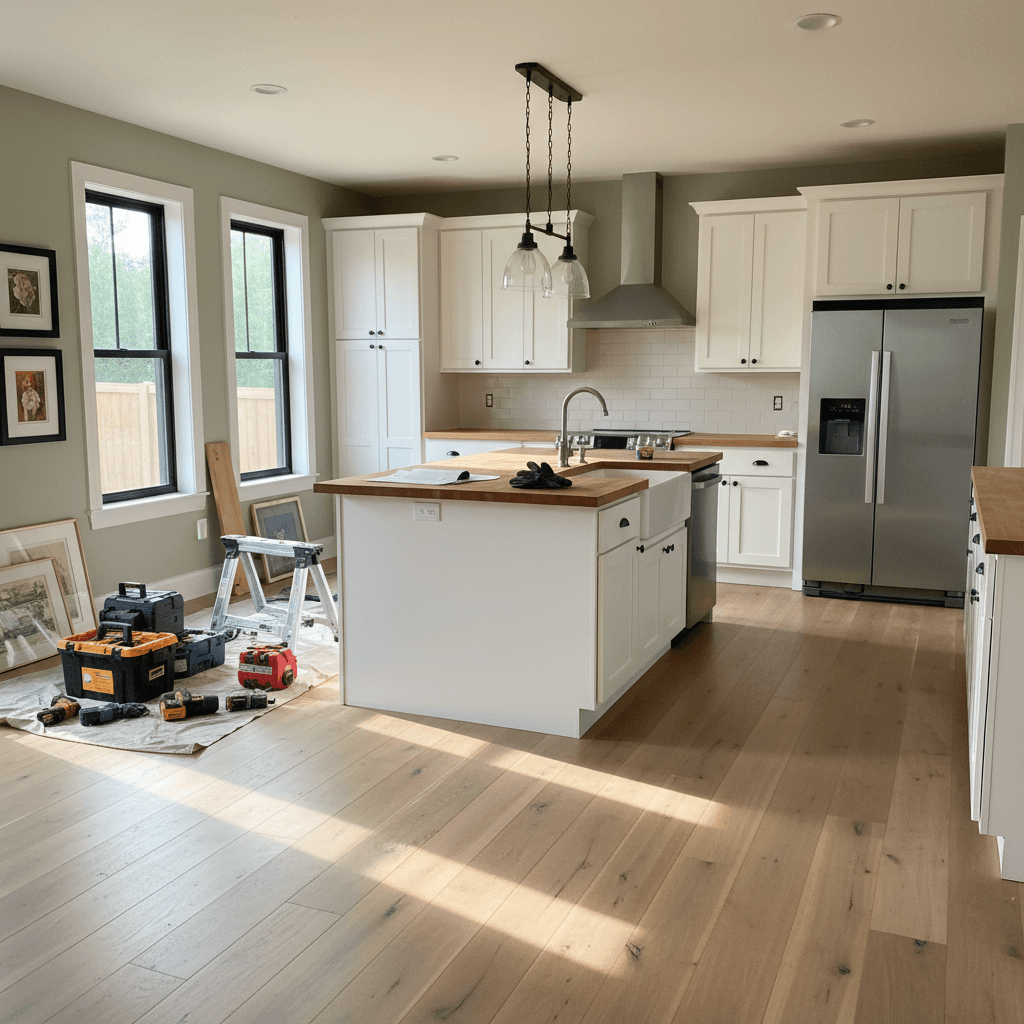 Complete home renovation showing updated kitchen with new cabinetry and countertops