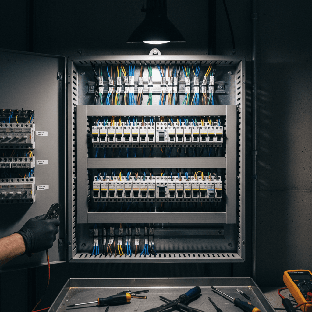Professional electrical panel installation with organized wiring and circuit breakers