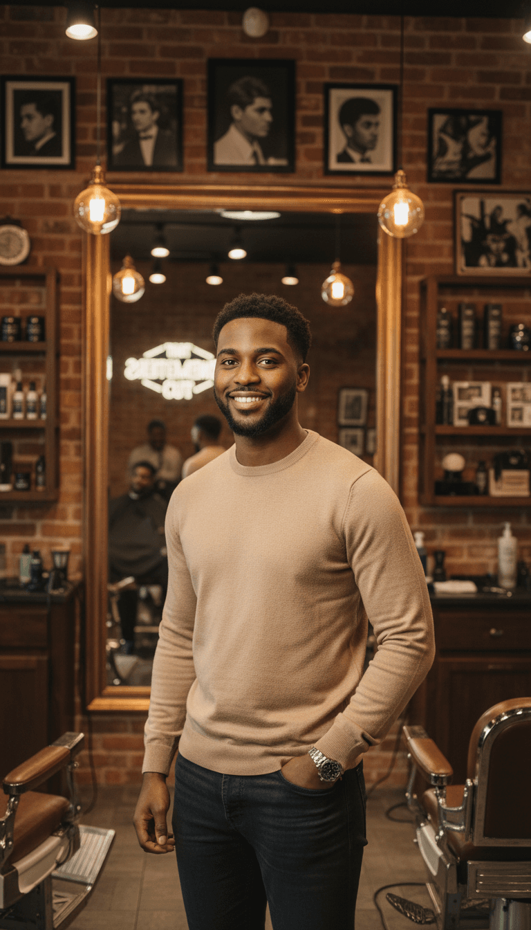 Young client standing confidently in barbershop mirror displaying fresh haircut and precise line-up